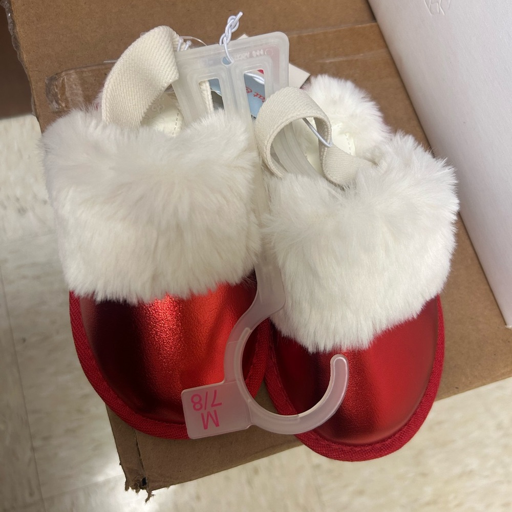 NWT Red and White Slippers with Plush Trim